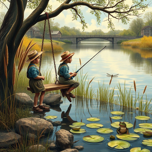 Imagine a small group of old fashioned young boys out fishing by the creek, a swing hanging from a tree branch, reeds and grasses by the water's edge, a frog sitting on a lily pad, dragonflies hovering over som water plans, a very iconic old fashioned scene reminiscent of a Norman Rockwell painting style