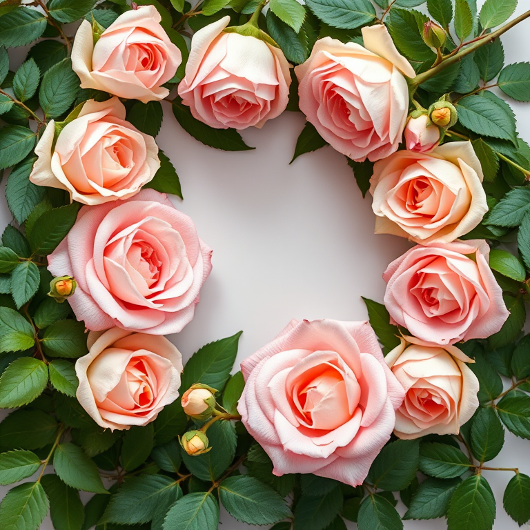 Create a high-resolution floral frame featuring soft pink and cream roses with green foliage, using a Canon EOS R5 camera at f/2.8, ISO 100, 50mm lens, overhead view, natural light style.