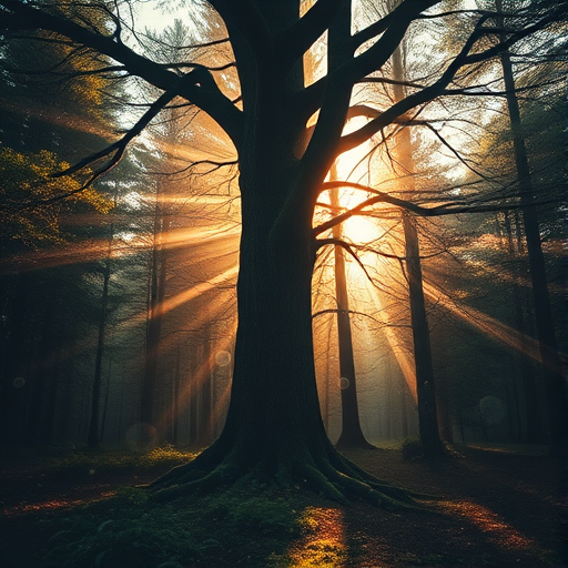 Create a mystical forest scene with a large tree in the foreground, soft golden light filtering through the trees, ethereal glowing orbs floating in the air, using a DSLR camera with an aperture of f/2.8, a shutter speed of 1/125s, and ISO 200, taken from a low angle with a wide-angle lens to enhance depth and detail.