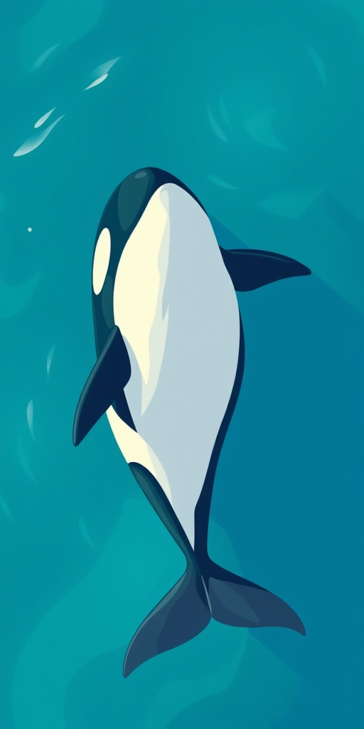 Create a high-resolution illustration of an orca swimming gracefully in an ocean setting, captured in a vibrant color palette, with a clean and minimalistic background, using a Canon EOS R5 with a 50mm f/1.2 lens at f/5.6, ISO 100, 1/200s, in a top-down view focusing on the orca.