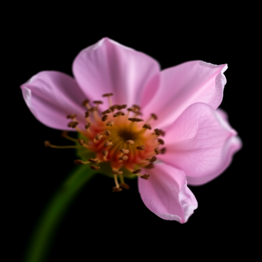 Capture a close-up of a delicate flower on a black background using a DSLR camera with a 50mm lens, f/1.8 aperture, ISO 100, 1/200 sec shutter speed, focused on the flower's intricate details and textures with soft, even lighting.