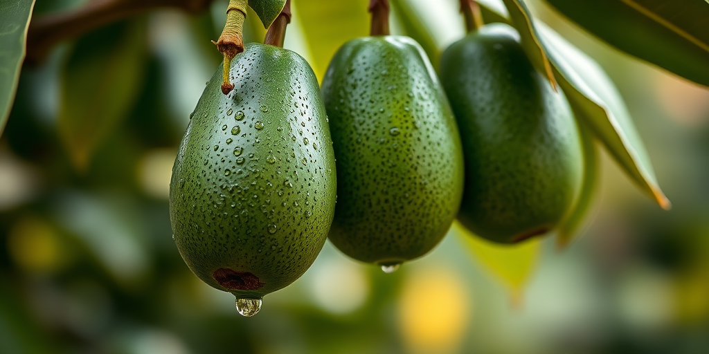 High-resolution image of green avocados hanging on a branch with droplets of water, shallow depth of field, natural lighting, 50mm lens at f/2.8, soft focus background, DSLR camera.