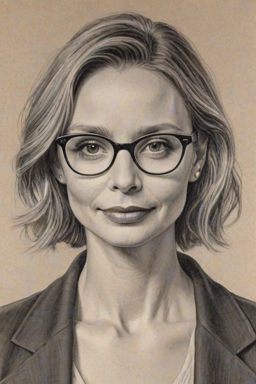 Appealing Calista Flockhart, pencil sketch, portrait of Splendid woman 1935s in glasses, hair style beatnik, outline, clear lines, fine lines, 8k