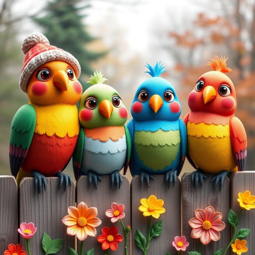 create a scene of 4 quirky  whimsical colourful comical birds each with a funny expression. they are sat on a wooden fence with colourful flowers. they are all different sizes. each one is a different colour  one is wearing a woolly hat. Each one has a different quirky google expression and there is a muted background of trees watercolour paintierly style high definition 8k resolution 3D paper mache