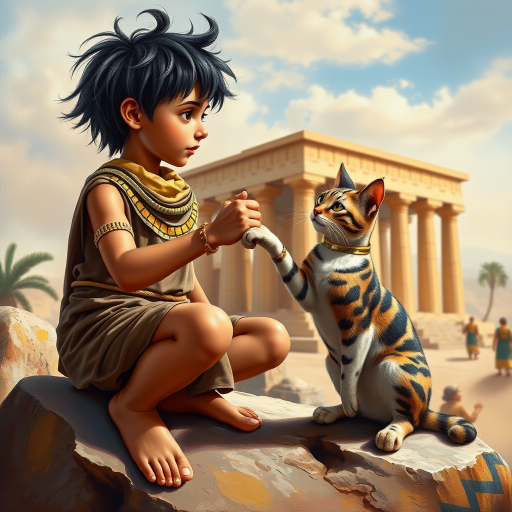 Airbrush, whimsical, glossy oil painting, hyper realism of an Ancient Egyptian boy with black messy short hair, wearing an Ancient Egyptian outfit, bare feet, sitting on a stone in front of a temple, fist bumping with his Ancient Egyptian cat, the boy and the cat looking to each other proudly.