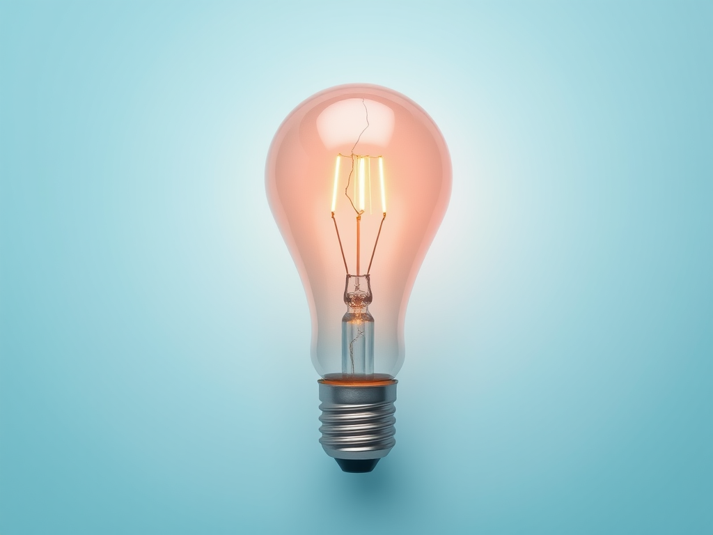 Create a high-resolution illustration of a light bulb with a cracked filament, centered on a pastel blue background, using a Canon EOS R5, ISO 100, f/8, 50mm lens, with a clean and minimalistic flat design style.