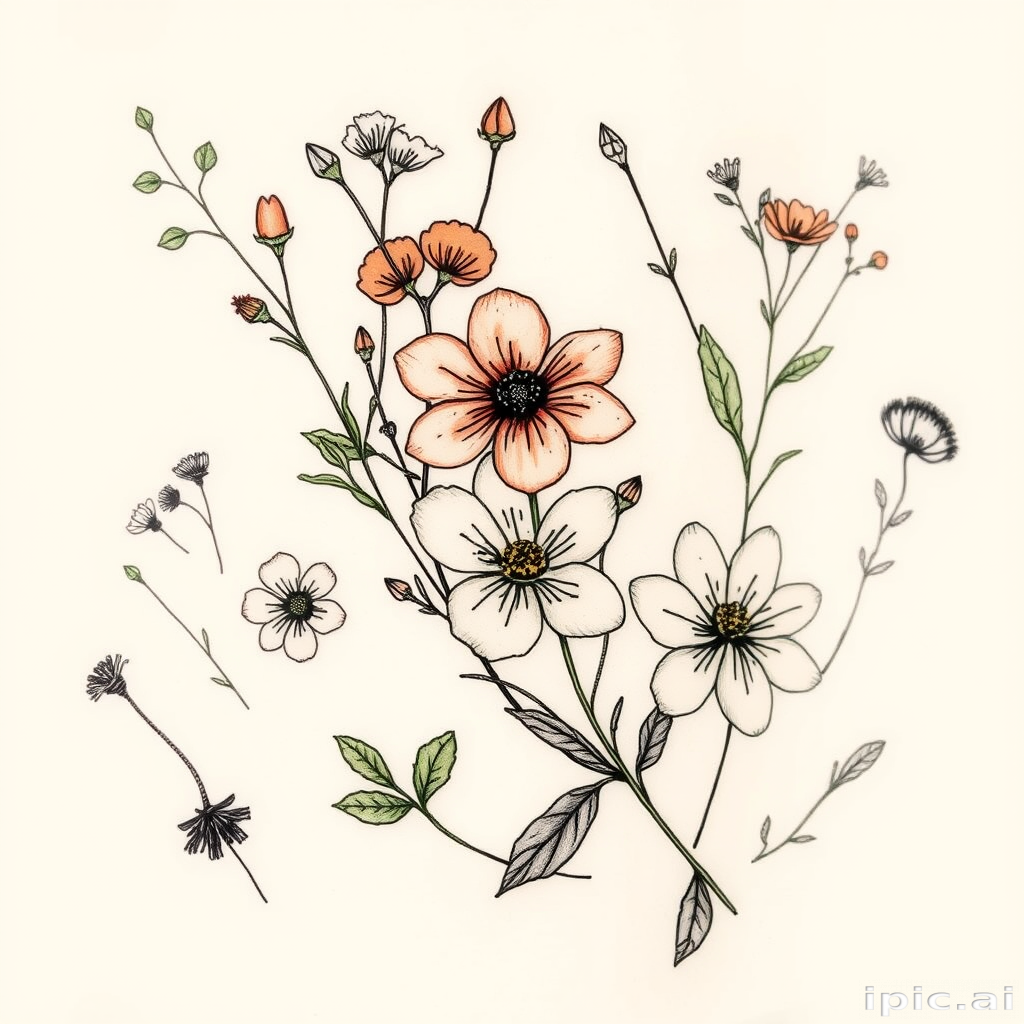 Illustrative botanical tattoo showcasing a variety of delicate flowers and leaves, rendered in a vintage botanical illustration style with fine lines and subtle color washes for a timeless aesthetic