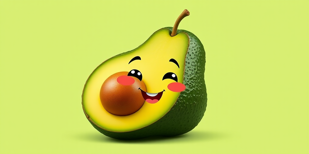 Generate a cartoon avocado character with a happy expression on a soft green background, using a Canon EOS R5 camera, 50mm lens, f/2.8 aperture, ISO 100, and natural soft lighting.