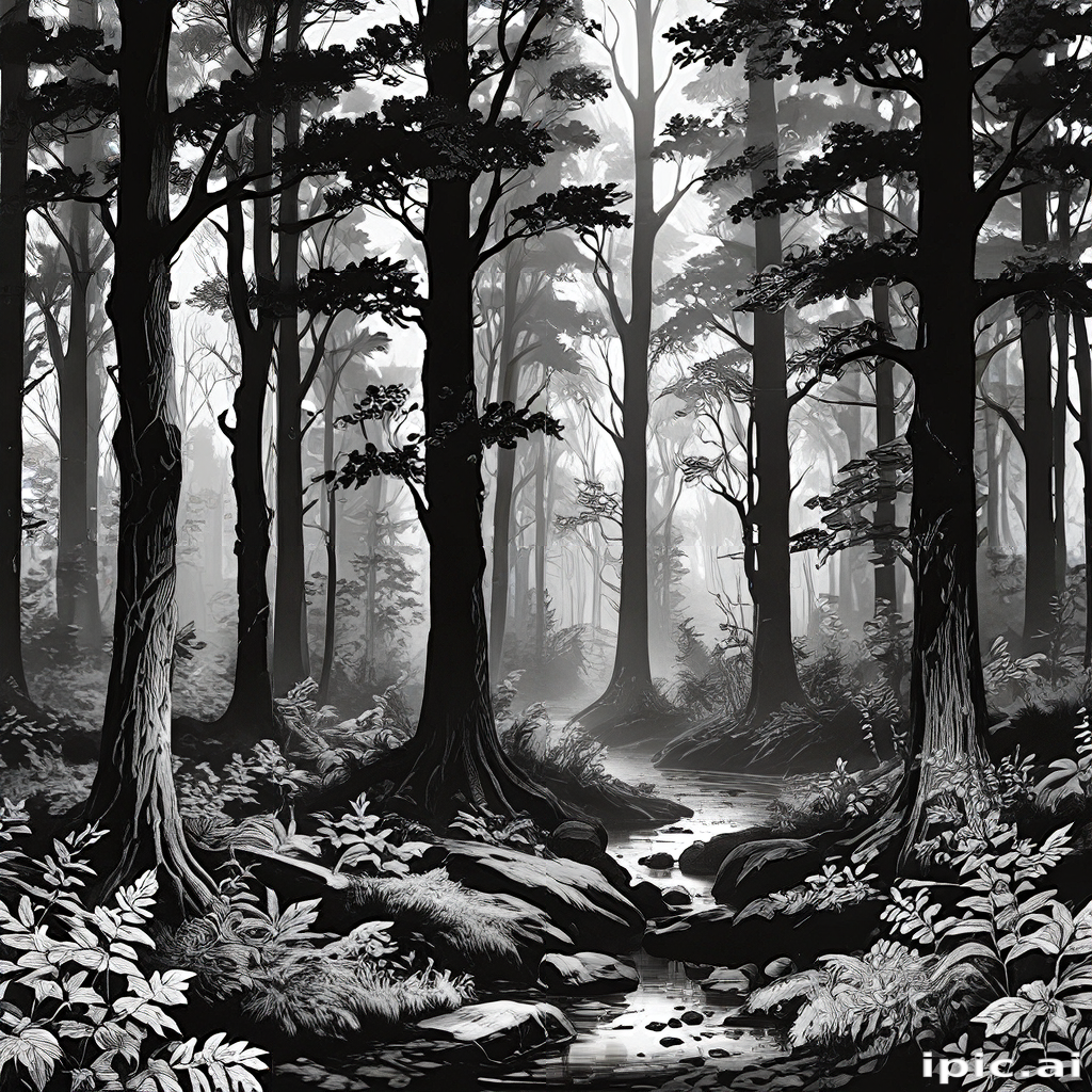 Serene Black and White Forest Landscape with a Gentle Flowing Stream