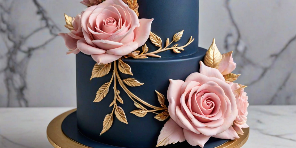 Create an elegant cake design featuring a deep navy blue fondant base adorned with delicate pink roses and gold accents. Include small birds and floral elements for a whimsical touch, and place the cake on a marble pedestal for an upscale presentation. Add a single large pink flower on top for a focal point.