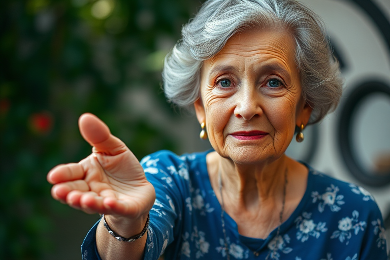 Create a highly detailed portrait of an elderly woman with gray hair, wearing a blue floral dress, with a soft focus background that emphasizes her outstretched hand, captured with a DSLR camera at f/2.8, ISO 100, 50mm lens, natural light, and a slight vignette effect for depth enhancement.