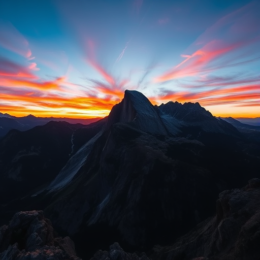 Generate a high-resolution image of a mountain landscape at sunset with vibrant colors in the sky, using a DSLR camera with a 24mm lens, aperture f/8, ISO 100, and a wide-angle view for a dramatic effect.