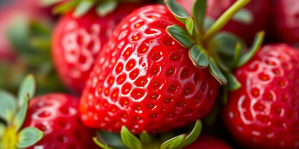 Create a high-resolution image of a realistic strawberry, vibrant red with shiny texture and green leaves, captured with a DSLR camera at f/2.8 aperture, 50mm lens, 1/100s shutter speed, in natural light, using a macro photography style for enhanced detail.