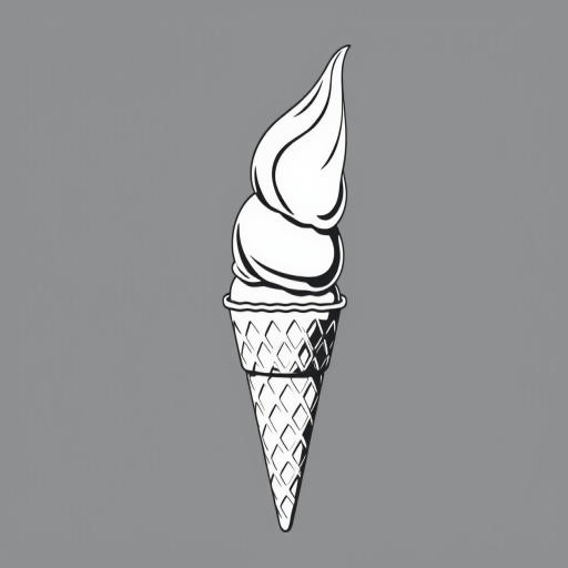 Create an illustration of a three-scoop ice cream cone with a waffle cone in a minimalist black and white style, using a Canon EOS R camera with a 24-70mm lens at f/8, ISO 100, under natural light at a slight top-down angle for sharp details and contrast.