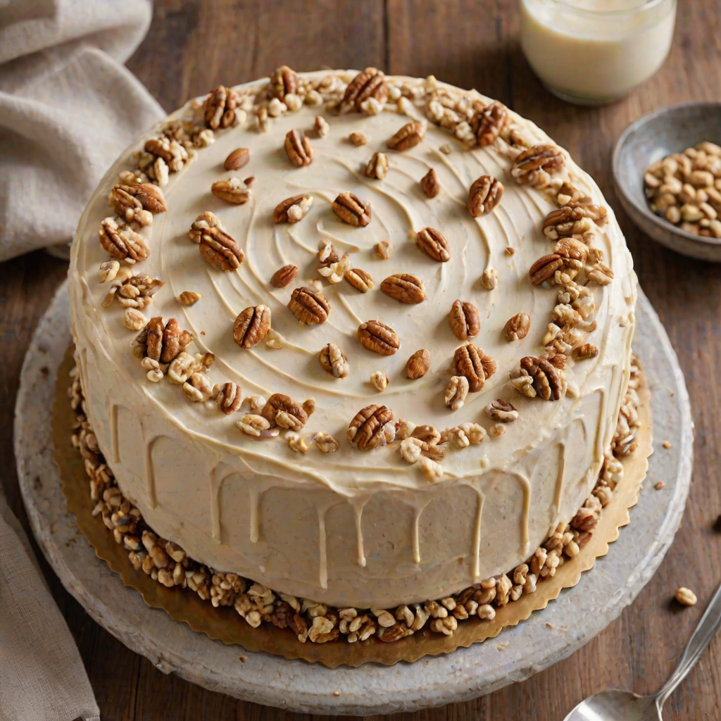 Create an image of a round cake with a smooth, light-colored frosting. The cake should have a decorative border of swirled frosting on top and a layer of crushed nuts around the bottom. The background should be simple and rustic, enhancing the cake's presentation.