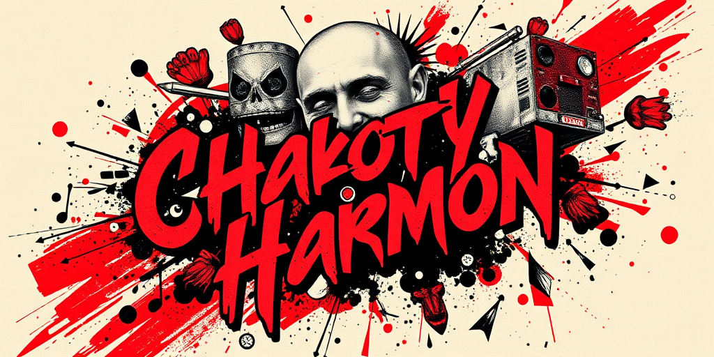 Trash polka tattoo named "Chaotic Harmony" combining bold red and black elements with photorealistic imagery and typographic elements in a dynamic and expressive composition