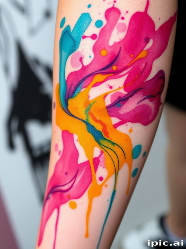 Vibrant watercolor splash tattoo named "Chromatic Cascade" featuring a mesmerizing blend of turquoise, magenta, and sunflower yellow hues swirling together in an abstract pattern resembling a flowing river, with delicate splatters and drips creating a sense of movement and spontaneity across the skin, perfect for those seeking a bold and artistic expression of color and fluidity in their body art