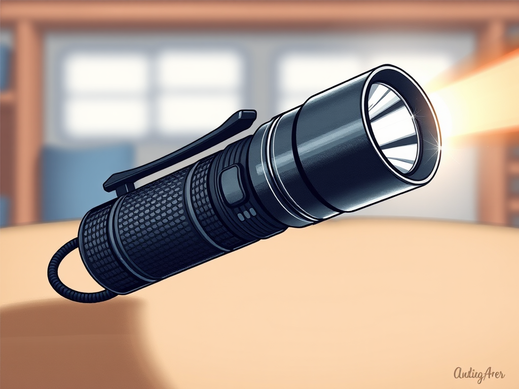 create a detailed illustration of a flashlight with a textured grip and a shiny lens in a well-lit environment, using a Canon EOS R5 camera with a 50mm lens, aperture set to f/2.8, shutter speed of 1/200s, ISO 100, and captured from a slightly elevated angle to highlight the light beam and reflections.