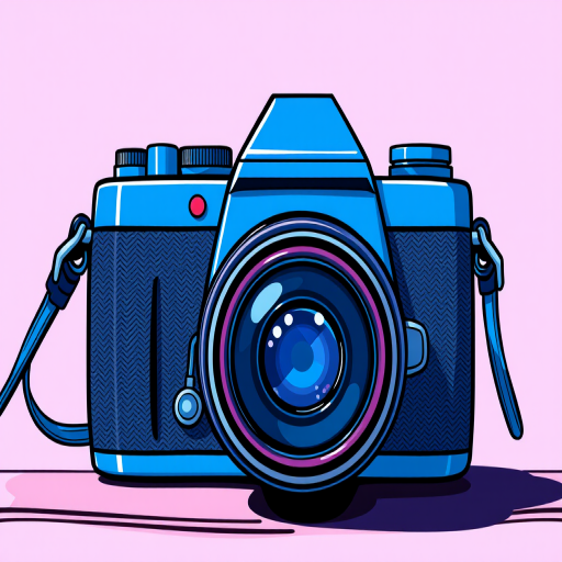 Create a vibrant cartoon-style image of a camera with a blue color scheme, using a 50mm lens at f/1.8, ISO 100, shot from a front view in natural light with a shallow depth of field to enhance details and bright colors.