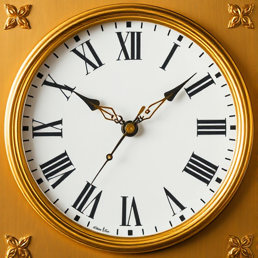 Create an image of a gold-framed clock face with Roman numerals and a minimalist design, using a DSLR camera with a 50mm lens, aperture set to f/1.8, ISO 100, and a soft natural light setup.