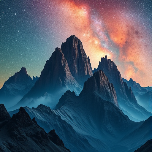 Create a cosmic landscape featuring dramatic mountain-like formations shrouded in colorful nebulae and starlit sky, with a focus on deep space elements, captured with a DSLR camera at f/2.8, ISO 800, 24mm lens, in low light conditions for enhanced detail and clarity.