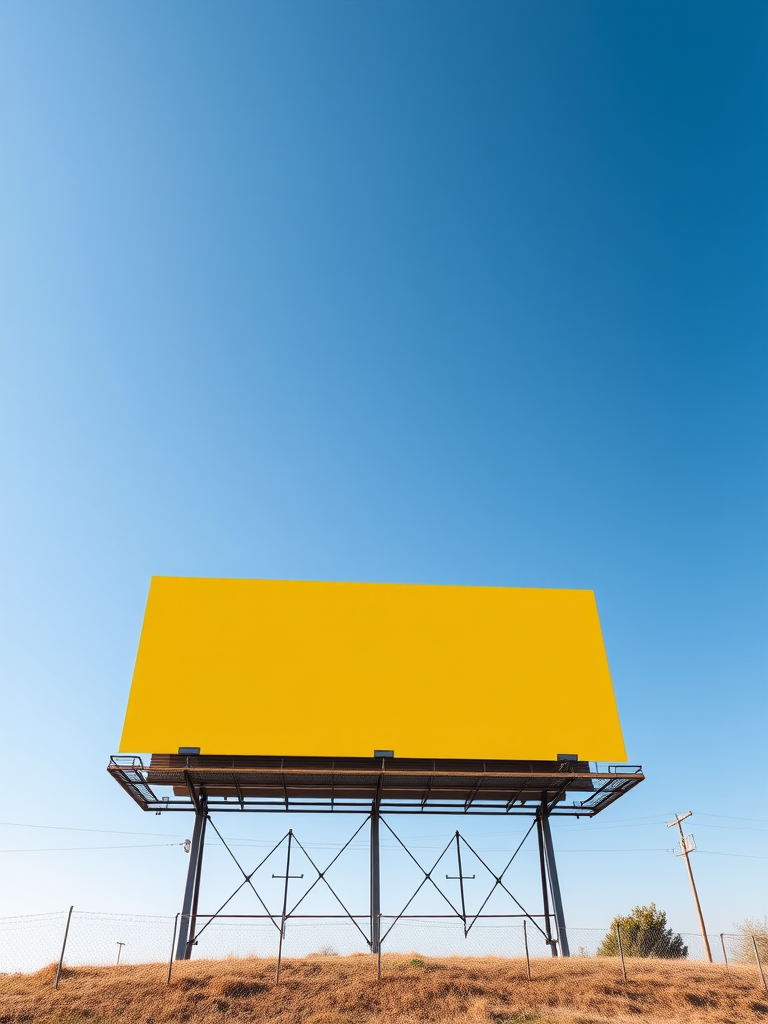 Create a clear yellow billboard against a bright blue sky, captured with a DSLR camera at f/8, ISO 100, 1/200s, wide-angle lens, landscape view.