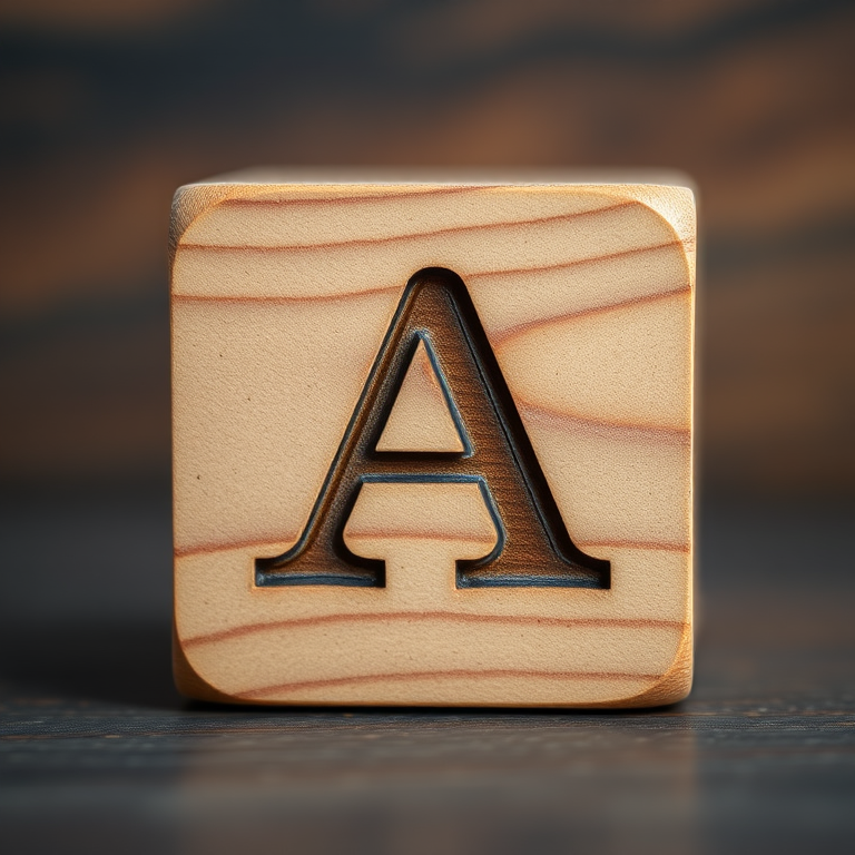 Create a wooden block featuring a prominent letter "A" on the front with a smooth, glossy finish, captured in a close-up shot using a DSLR camera at f/2.8, ISO 100, and a 50mm lens, with soft natural lighting to enhance the textures and colors.