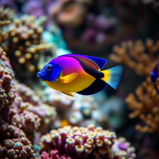 A vibrant purple and yellow fish swimming among colorful coral in an aquarium, captured with a Canon EOS R5, 50mm lens, f/1.8 aperture, ISO 100, 1/200 sec shutter speed, macro photography style, shallow depth of field for enhanced detail and clarity.