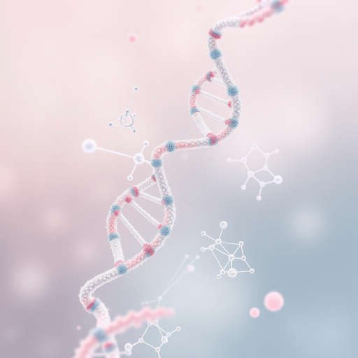 Generate a high-resolution abstract digital art image featuring DNA molecular structures and geometric patterns, use a Canon EOS R5 camera with a 50mm lens, aperture set to f/2.8, ISO 100, and 1/200 sec shutter speed, in a clean, minimalist style with soft pastel colors and smooth gradients.
