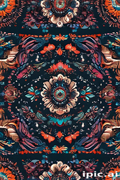 Intricate Floral and Abstract Pattern in Vibrant Colors on Dark Background