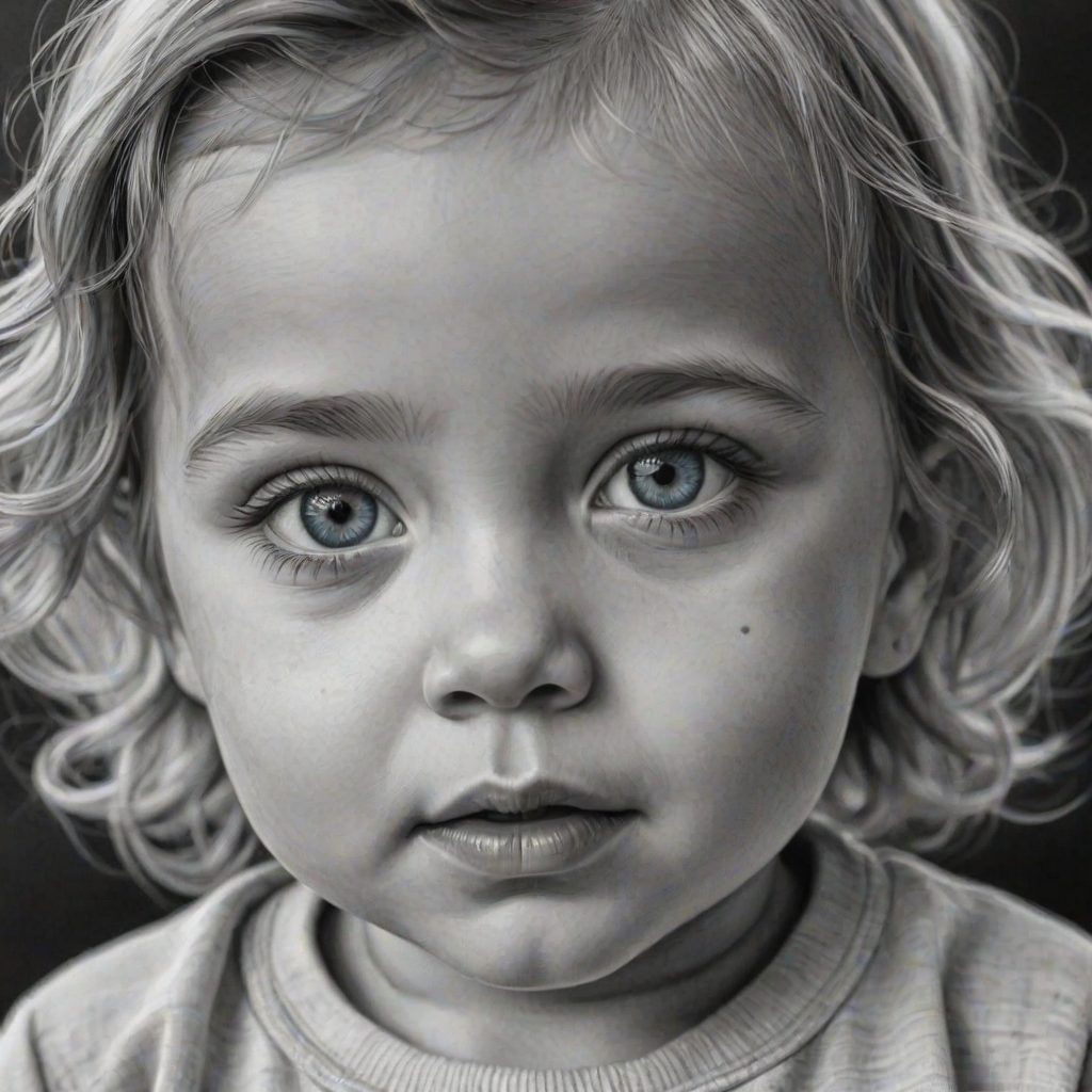 A hyperdetailed photorealistic black and white sketch of a beautiful toddler with deep cyan eyes, with a macro focus