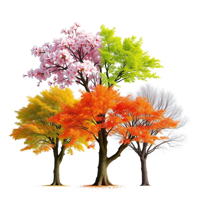 Create an illustration of four trees depicting the four seasons, featuring blooming cherry blossoms for spring, lush green leaves for summer, vibrant orange and red leaves for autumn, and a snowy, bare tree for winter, with a clean white background, shot with a Canon EOS R5 at f/8, 50mm lens, ISO 100, natural lighting for enhanced detail and color vibrancy.