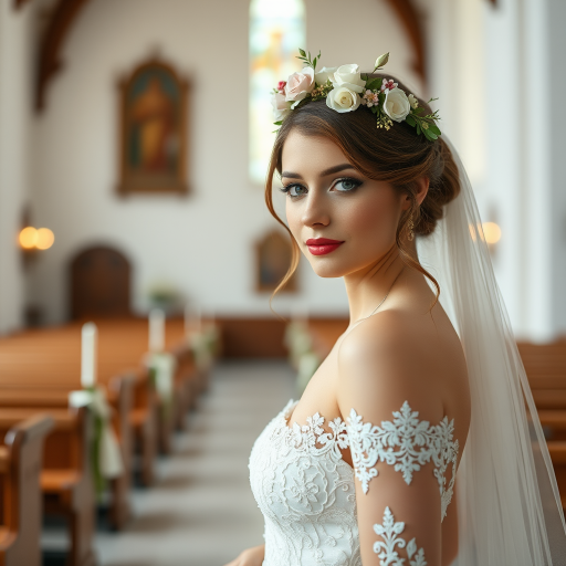 church scene, bridal model, delicate lace gown, floral headpiece, soft romantic focus, high-key lighting and an 85mm lens for soft, even tones that highlight the model’s face and bright outfit against a white or light background