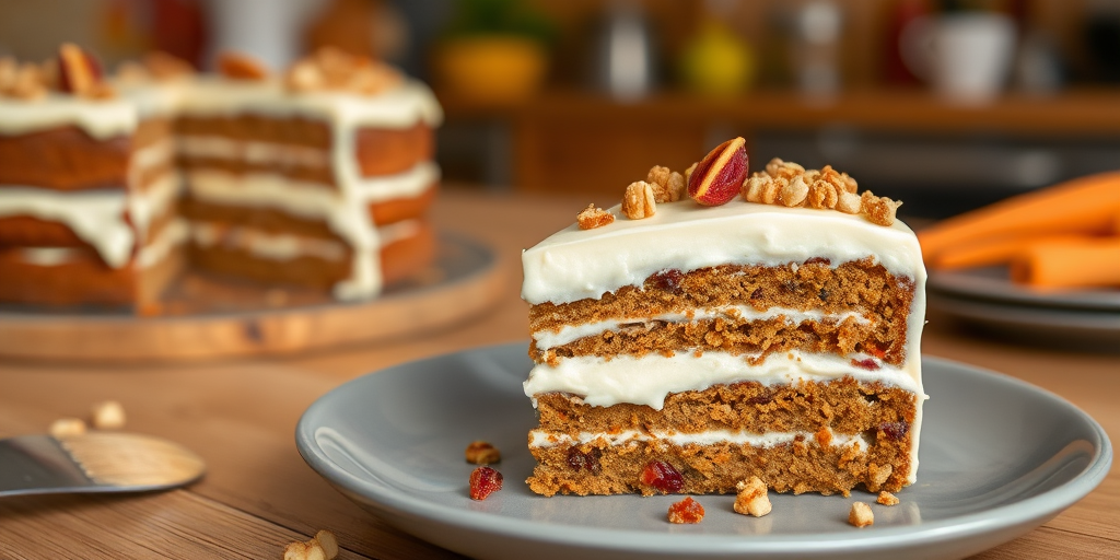 A delicious slice of layered carrot cake with cream cheese frosting on a gray plate, garnished with crushed nuts and dried fruits, with a blurred background of more cake and a vibrant kitchen setting.