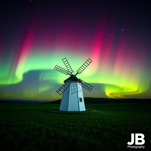 An ultra-realistic and highly detailed 4d, uhd photograph capturing a white windmill with wooden blades located in a green field. The night sky in the background is illuminated by an aurora borealis, which displays vibrant colors of green and red, blending together in a magical way and spreading across the firmament dotted with stars. The aurora borealis creates an impressive and dazzling visual effect, standing out against the dark sky. In the bottom right-hand corner of the image is a logo with the letters 'JB' and the word 'Photography'. The composition of the image combines the traditional element of the windmill with the extraordinary natural phenomenon of the Northern Lights, creating a unique and breathtaking scene.
