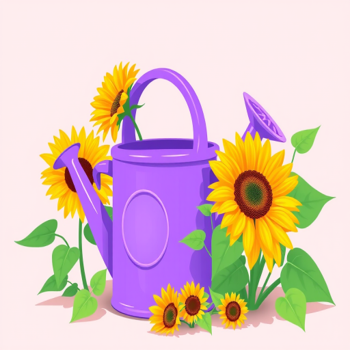 Create an illustration of a purple watering can with vibrant sunflowers and green foliage, captured with a Canon EOS R5 at f/2.8, ISO 100, 50mm lens, in a soft natural light setting, with a minimalistic pastel background.
