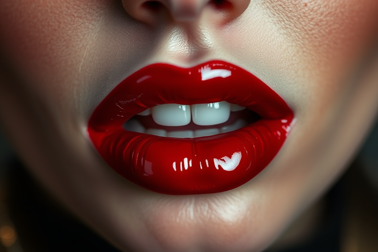 Blood-red lips with a high-shine vinyl finish, exuding sensuality and drama, perfect for a vampiric or gothic-inspired costume party