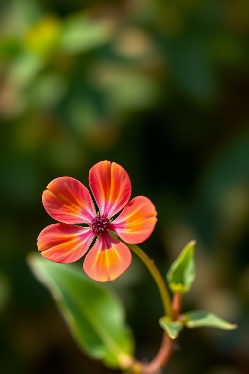 Create a vibrant, high-resolution illustration of a simple flower with five petals, a round center, and a thin stem with leaves, taken from a slightly elevated angle, using a DSLR camera with a 50mm lens, aperture set to f/2.8 for a shallow depth of field, and natural lighting to enhance colors and details.