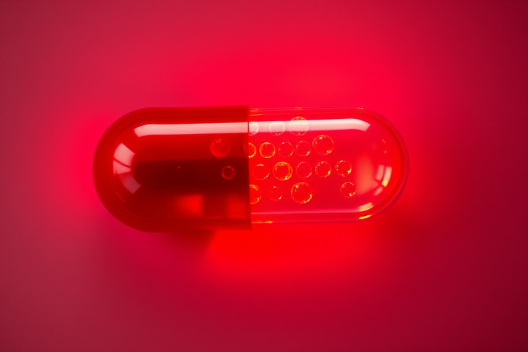 red capsule with circular dots inside, studio lighting, shallow depth of field, f/2.8 aperture, ISO 100, 50mm lens, top-down view, high resolution digital camera