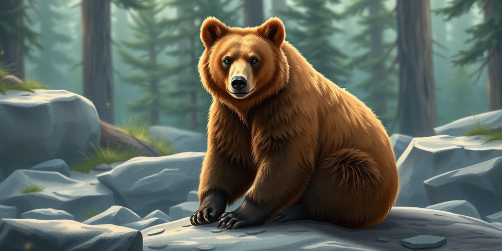 A realistic illustration of a sitting brown bear on a rocky surface in a forest setting, capturing the bear's detailed fur texture and surroundings, shot with a Canon EOS R5, 50mm lens, f/2.8 aperture, 1/125 sec shutter speed, focus on the bear with a soft background blur.