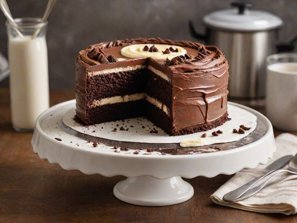 Create an image of a layered dessert with three distinct sections: a rich chocolate cake layer on top, a creamy vanilla filling in the middle, and a moist chocolate cake layer at the bottom. The dessert should be square-shaped, served on a spatula, with a smooth chocolate frosting on top. Include a blurred background of a kitchen setting.