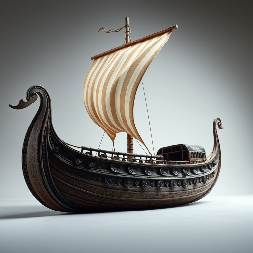 A highly detailed, artistic depiction of a Viking longship with intricate carvings and a billowing sail, shot with a DSLR camera at f/2.8, ISO 100, 50mm lens, using a dramatic low angle view and soft studio lighting to emphasize texture and depth.