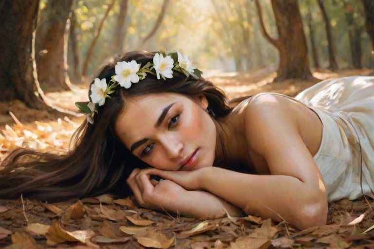 create a watercolor painting of an ethereal portrait of beautiful Turkmen woman with a simple white flower crown on her head. Her hair is long and she is lying on the ground. The sunlight on the trees casts shadows from the leaves on her face and body. The background is a neutral brown color that matches her skin tone. The image is minimalist and solid colors. This style is characterized by soft, delicate brushstrokes and a light, airy, contrasting color palette. High level of detail and play of light