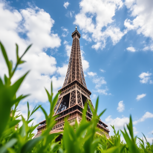 Eiffel Tower viewed from below, vibrant greenery in foreground, blue sky with scattered clouds, taken with a DSLR camera, 18mm lens, f/8 aperture, ISO 200, 1/250s shutter speed, wide-angle perspective.