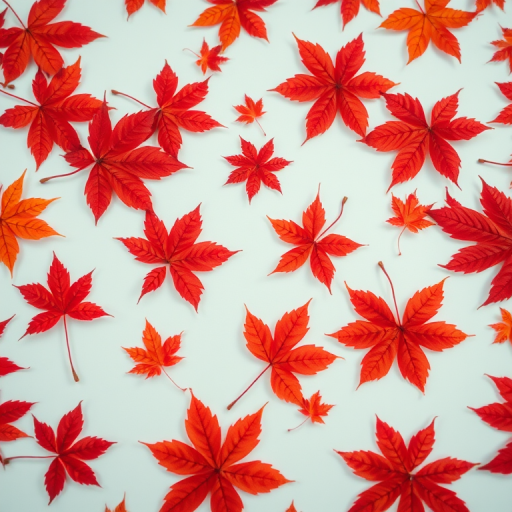 high-resolution close-up of red maple leaves scattered on a white background, f/2.8 aperture, 50mm lens, Canon DSLR, natural lighting for sharp details and vibrant colors