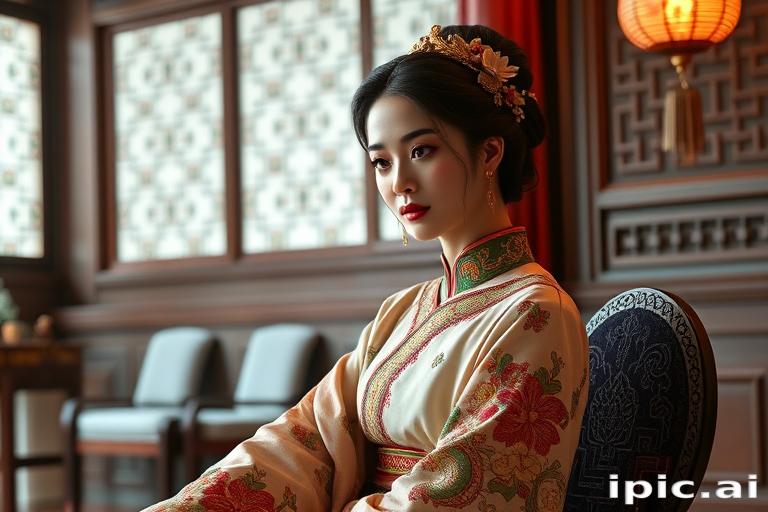A beautiful woman in traditional East Asian attire, intricately detailed with embroidered patterns, sitting gracefully in a richly decorated room, soft ambient lighting, serene and elegant, ultra-realistic, 8K resolution