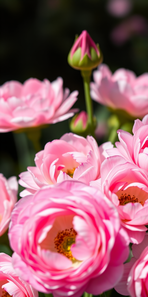 close-up shot of pink and white ranunculus flowers in natural light, aperture f/2.8, shutter speed 1/250s, ISO 100, macro lens, DSLR camera, vibrant colors and sharp details