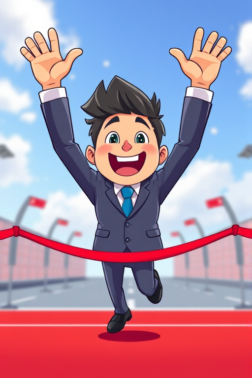 a cartoon character in a business suit celebrating with arms raised, crossing a finish line with a red ribbon, bright colors and a cheerful expression, camera settings: ISO 100, f/5.6, shutter speed 1/250s, camera view: eye level, camera style: vibrant animation, camera type: digital illustration
