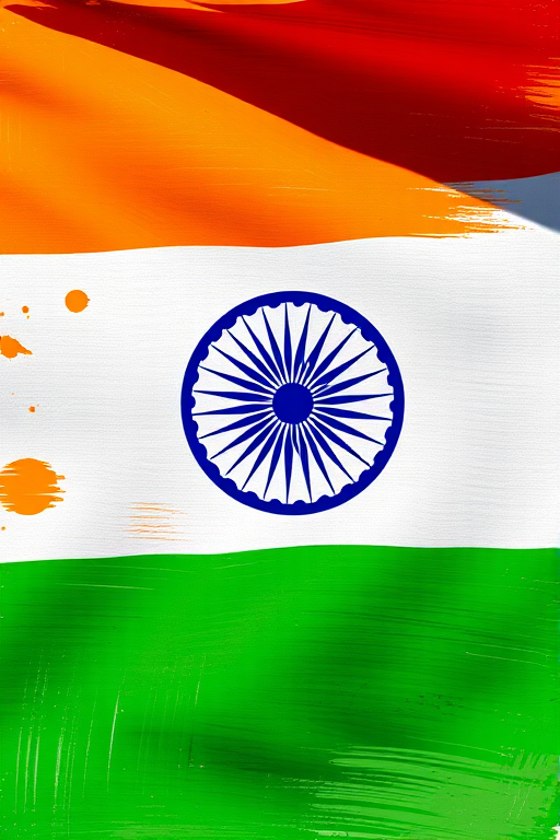 Create a high-resolution image of the Indian flag with vibrant colors and a textured brushstroke effect, using a Canon EOS R5 with a 50mm lens at f/8, ISO 100, and a shutter speed of 1/200s, shot in natural daylight for enhanced clarity.