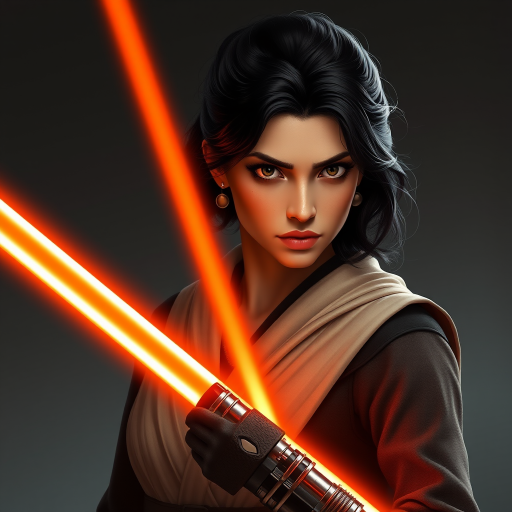 realistic image of a black haired woman, she is holding a orange lightsaber